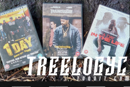 Three DVDs displayed on a surface, featuring titles "1 Day," "The Dark Knight," and "Get Rich or Die Tryin'."