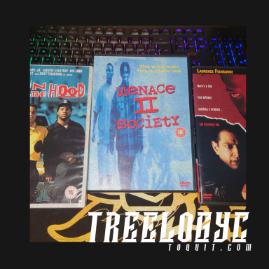 Three DVDs on a desk: "Boyz'N'the Hood" " "Menace II Society," and "Deep Cover"